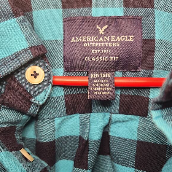 American Eagle Men’s Plaid Button Up Shirt Teal Black Long Sleeve Size XLT Tall - Picture 5 of 8